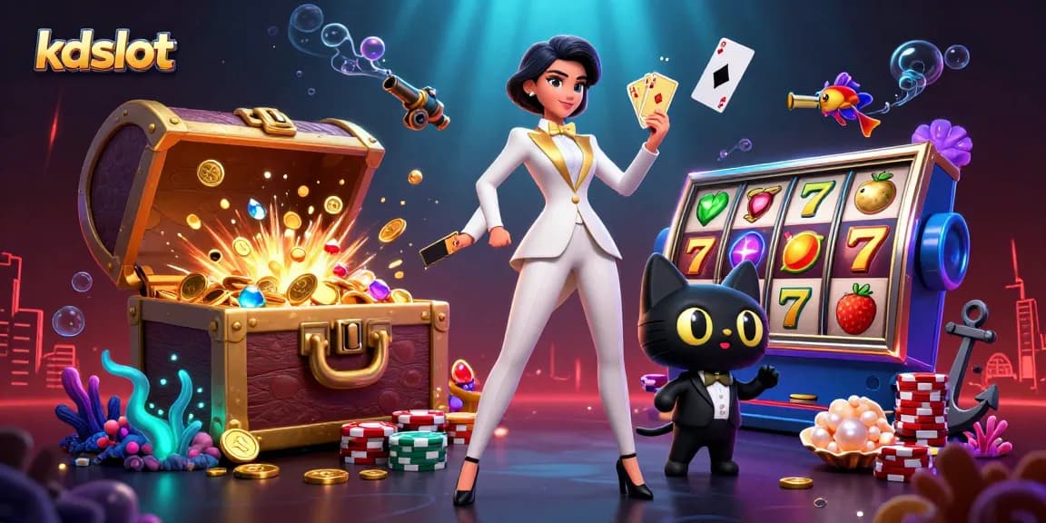 Engage with kdslot in a dynamic casino scene featuring a glamorous woman and a playful cat surrounded by impressive game elements.