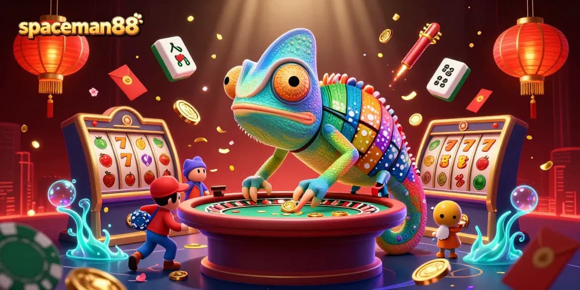 Engage with spaceman88 at a vibrant casino scene full of slot reels, colorful lanterns, and golden coins.