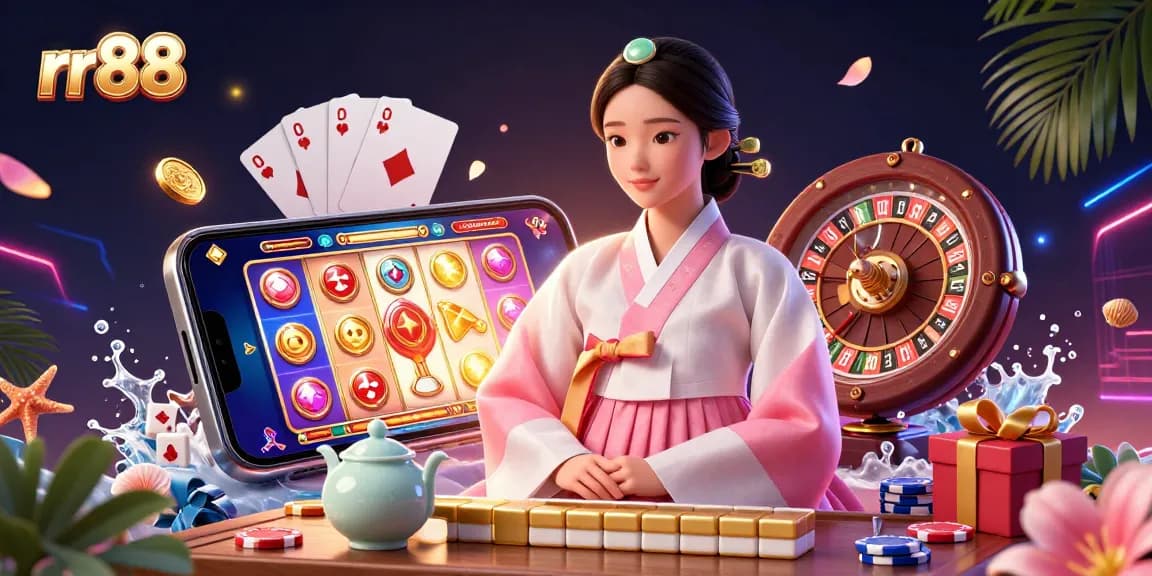 Engage with rr88's thrilling gaming experience, featuring vibrant elements and a serene Korean lady in a casino setting.