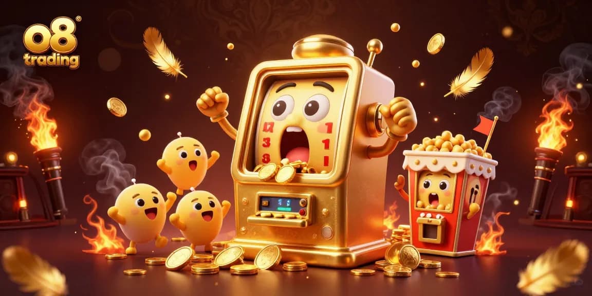 Win with o8 trading featuring a golden slot machine jackpot celebration, dynamic casino game elements.