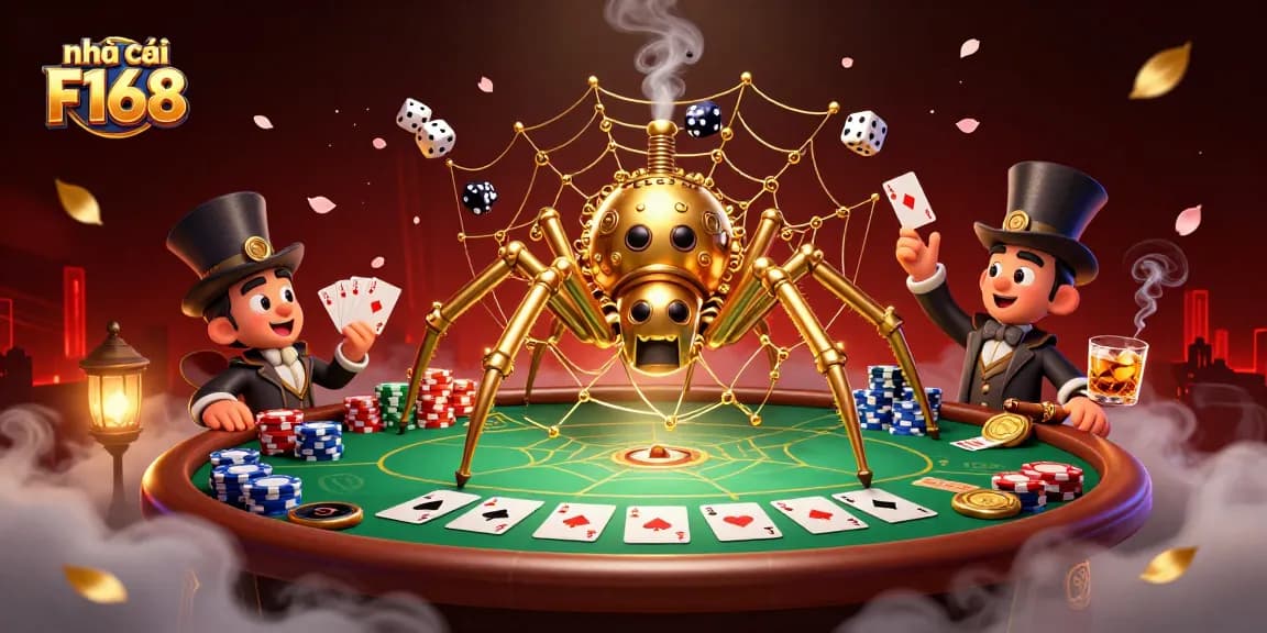 Engage with nhà cái F168 through an exciting steampunk casino-themed illustration showcasing dynamic casino action and vibrant elements.