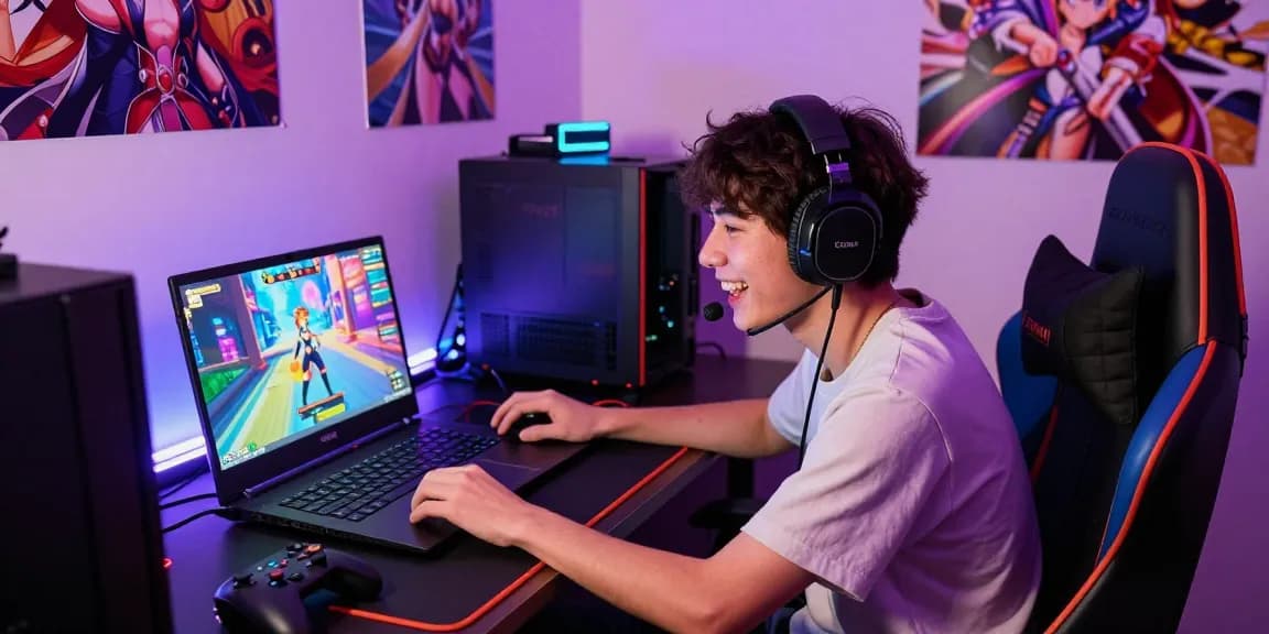 Engaging gamer exploring an android hentai game on a colorful high-end laptop set in a cozy gaming environment.