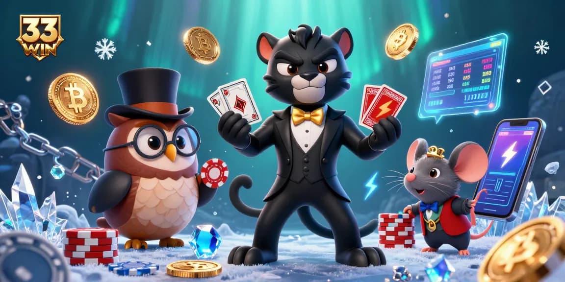 Experience the allure of 33WIN as a stylish panther deals cards among vibrant crypto elements.