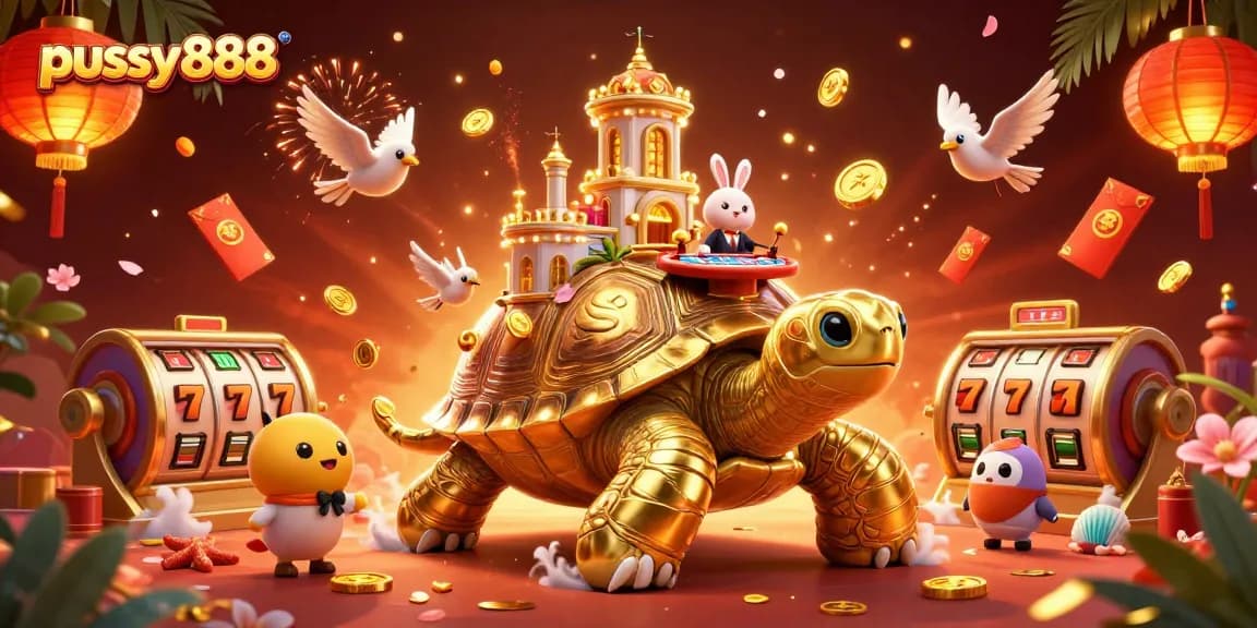 Experience thrilling gameplay with pussy888’s vibrant slots and casino atmosphere in a lively 3D illustration.