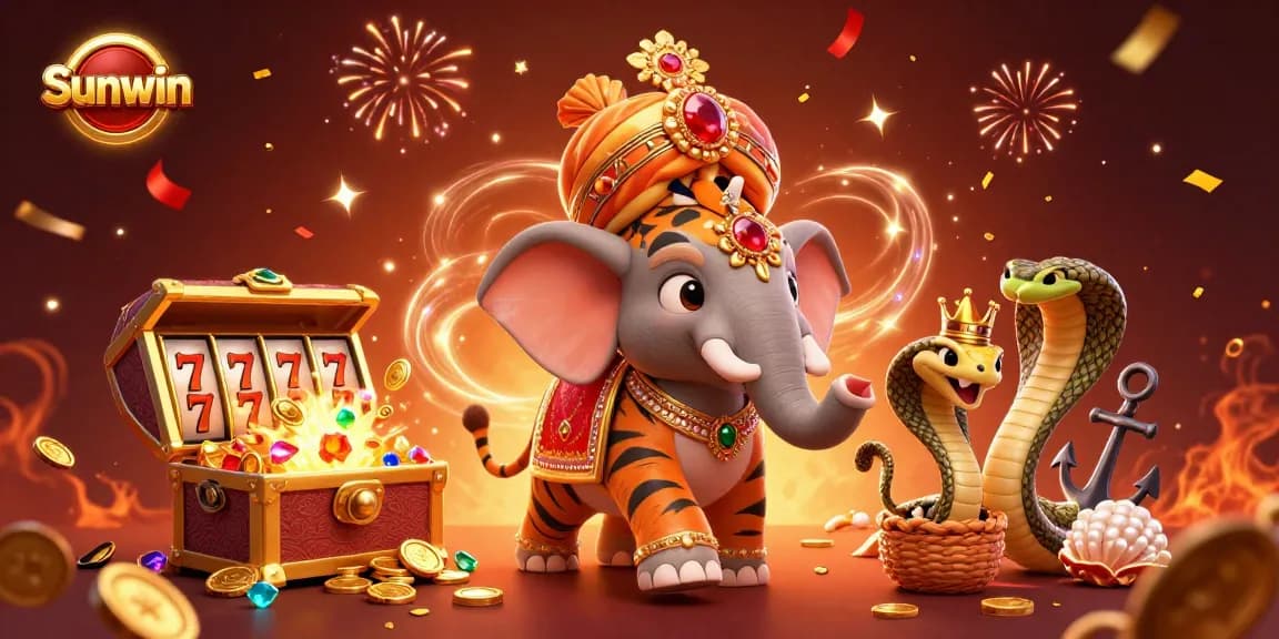Join the excitement at Sunwin with vibrant slot game adventures amidst a colorful 3D digital casino scene.