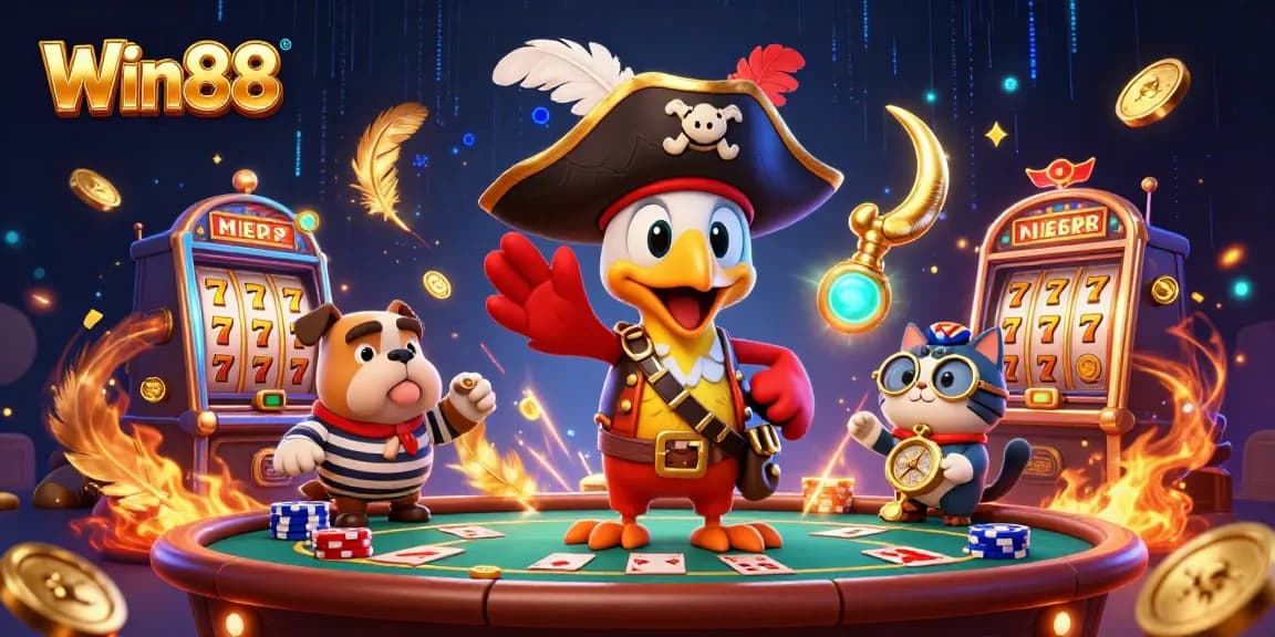 Win88 brings excitement with vibrant casino action and engaging characters in a lively scene.