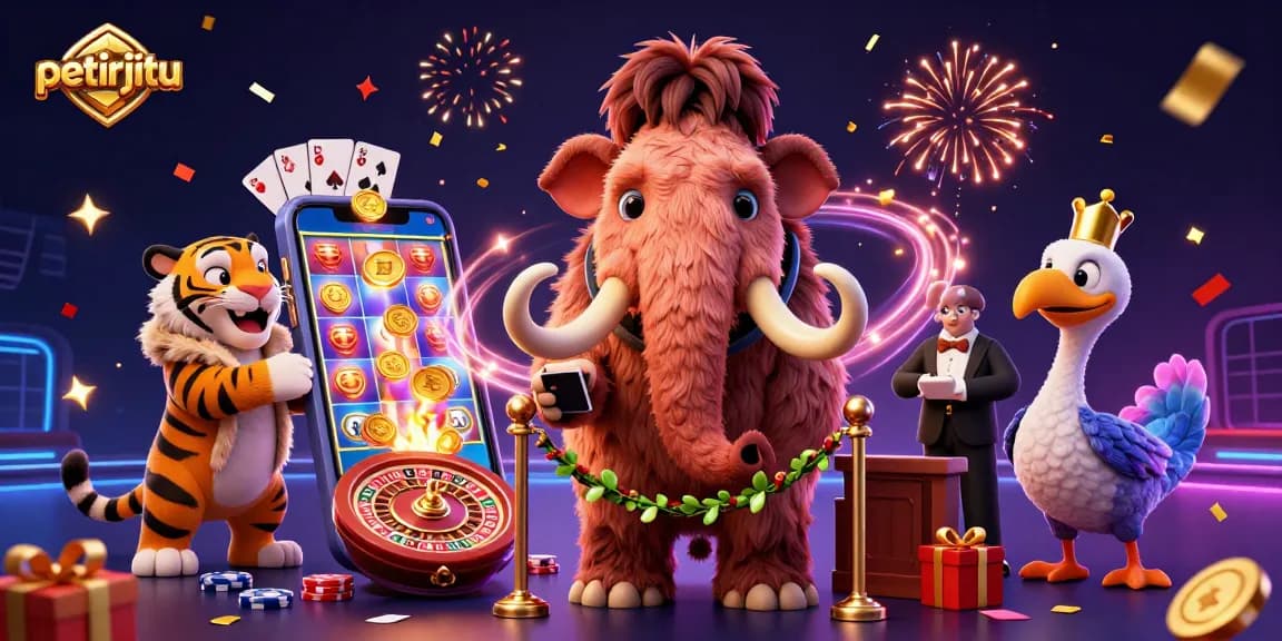 Permainan slot menyenangkan di petirjitu dengan karakter unik di latar belakang kasino.
