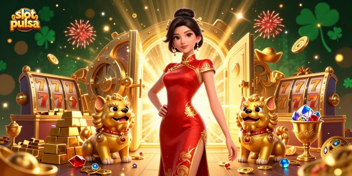 Experience thrilling slot pulsa action with a glamorous Asian woman among golden treasures and festive fireworks.