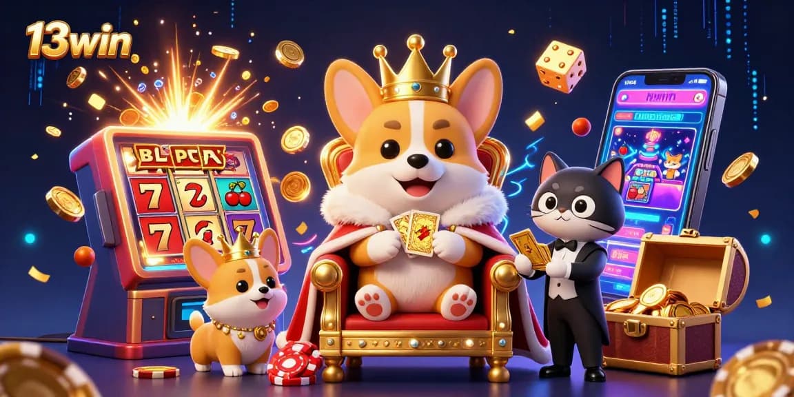 Join the 13win celebration with a royal corgi and vibrant casino elements bursting with energy.