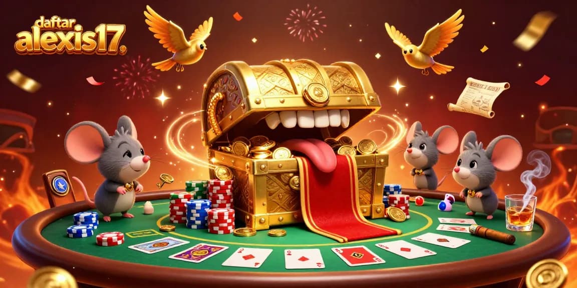 Permainan kartu poker menarik pada daftar alexis17, dengan keranjang harta yang menggoda dan simbol keberuntungan.