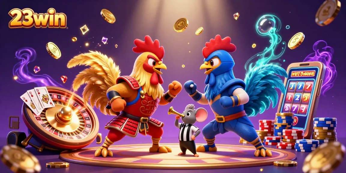 Experience thrilling action at 23win with roosters and colorful casino elements in a vibrant 3D scene.