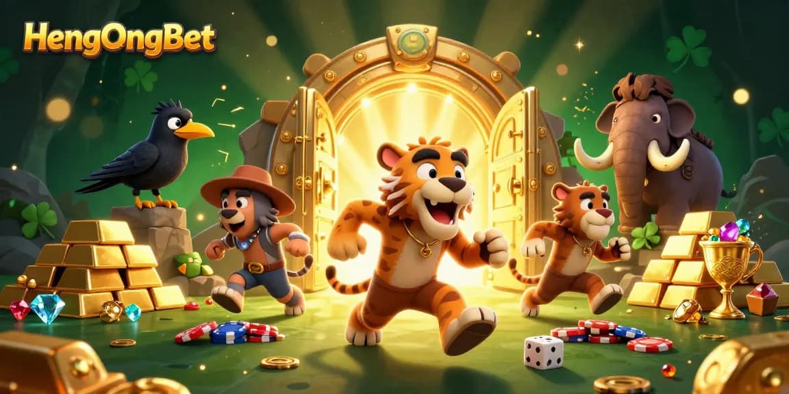 Experience HengOngBet's thrilling atmosphere with cartoon characters enjoying vibrant casino games.