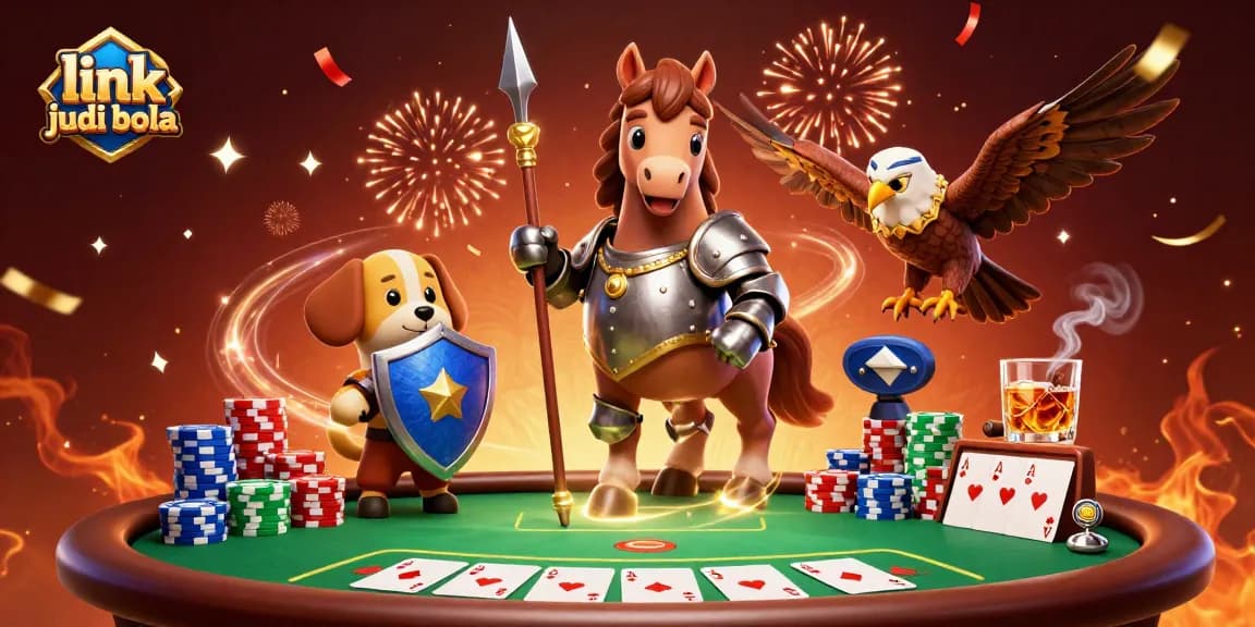Engage in sports betting excitement with link judi bola surrounded by poker elements and a festive scene.