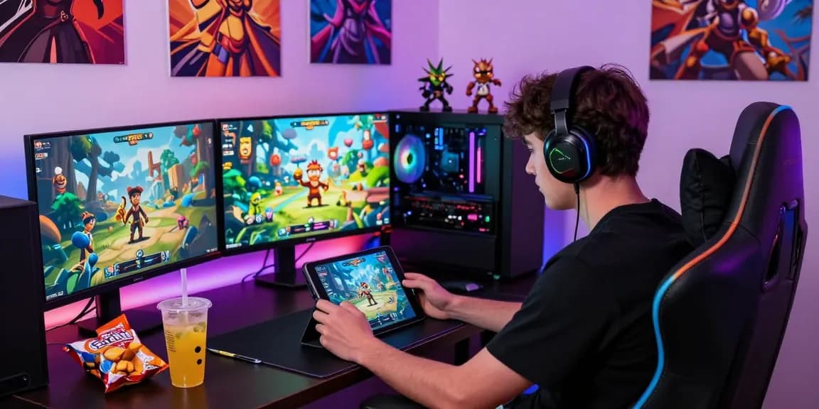 Player engrossed in ec777 on tablet within a vibrant gaming space, showcasing popular game mods and an energetic atmosphere.
