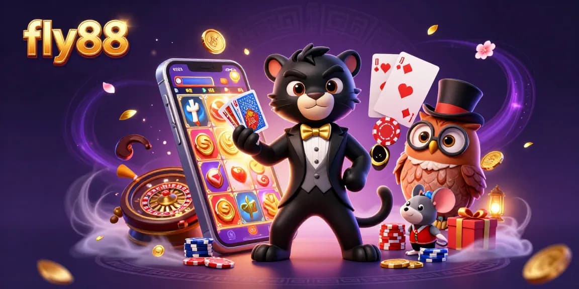 Experience gaming excitement with fly88 featuring a stylish panther, owl, and lucky mouse in a vibrant casino setting.