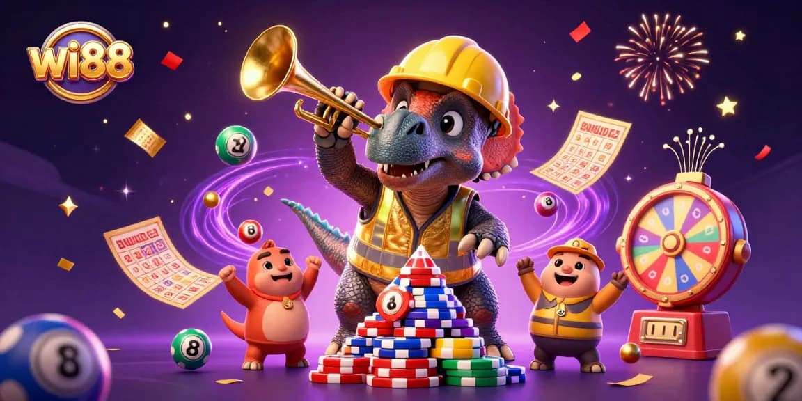 Engage with the excitement of wi88 as cartoon characters build a poker chip pyramid amidst a lottery celebration.