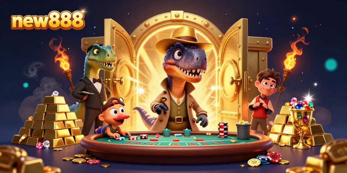 Experience thrilling action at new888, with a sneaky velociraptor at a blackjack table amidst treasures.