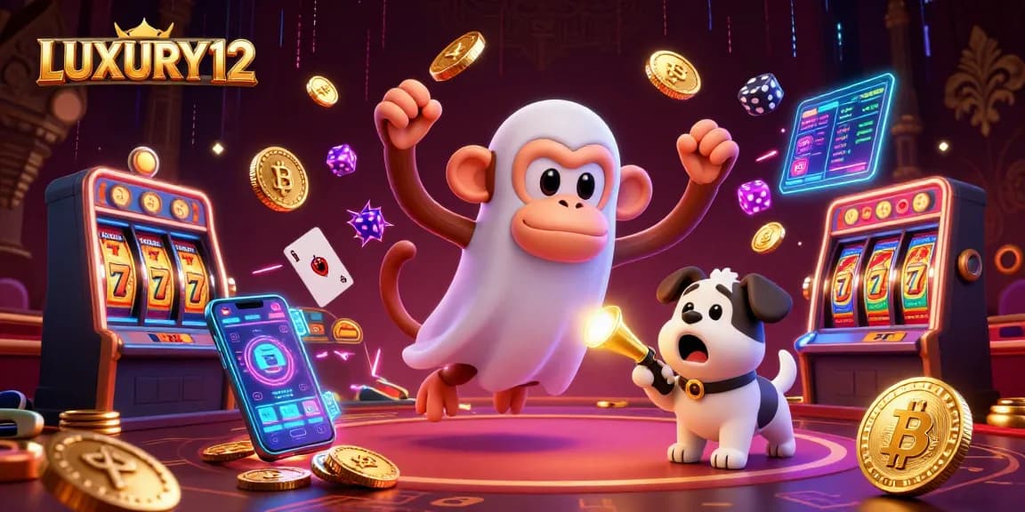 LUXURY12 gaming scene showcasing a mischievous monkey juggling casino items while a curious pup tracks it with a flashlight.