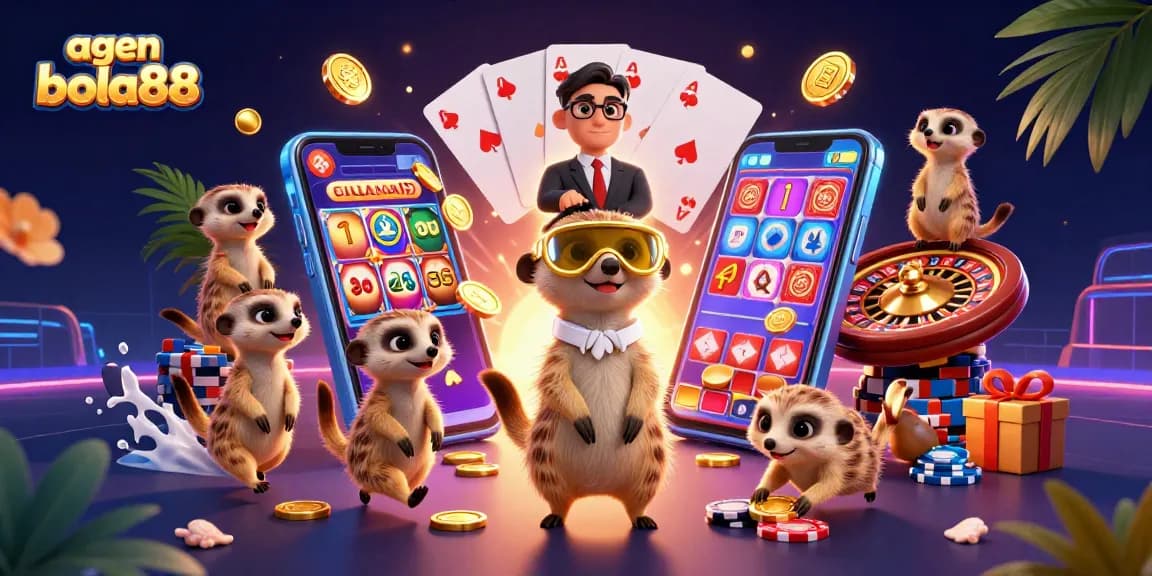 Experience thrilling gameplay at agen bola88 with meerkats in a vibrant casino scene