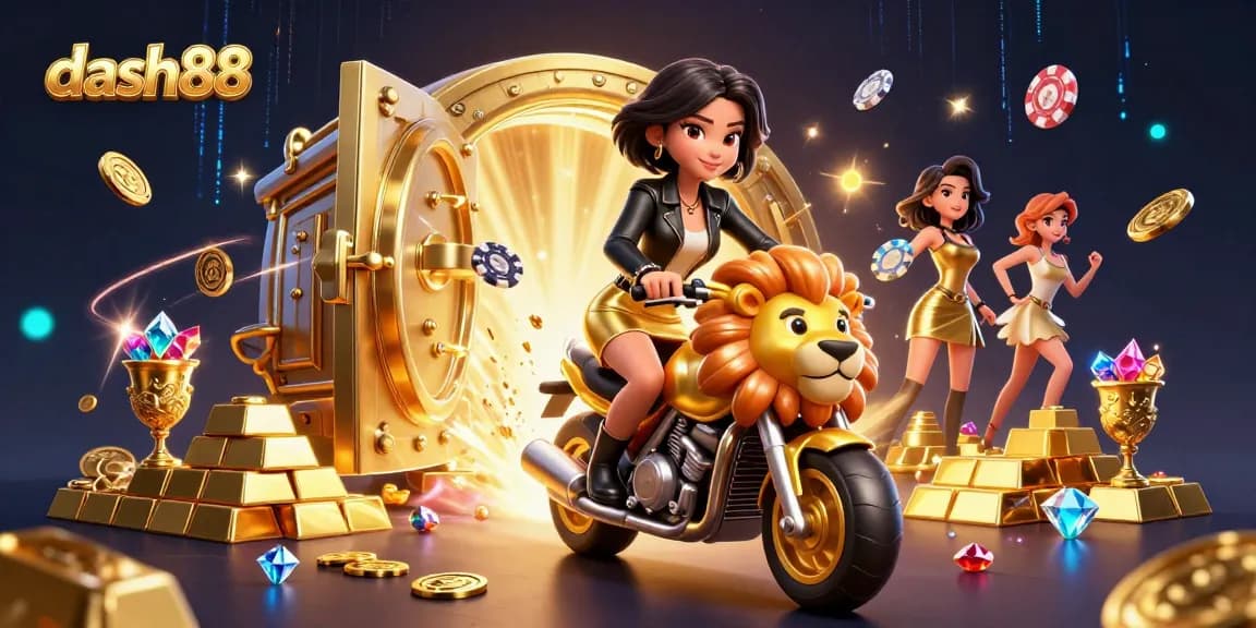 Experience thrilling wins at dash88 as you ride with luck on a golden lion mascot amidst riches and excitement.