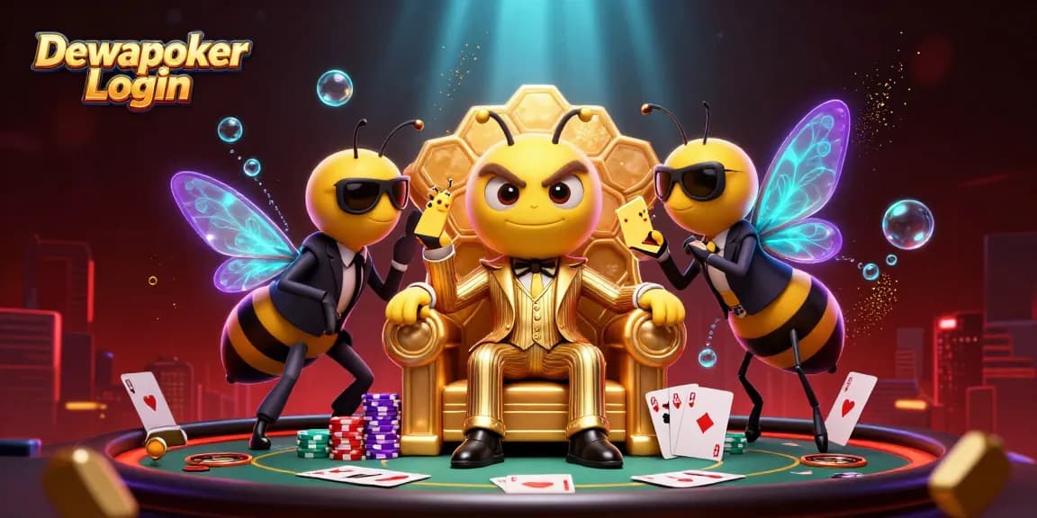 Dewapoker Login showcases a vibrant, cinematic poker scene with playful characters and rich game details.