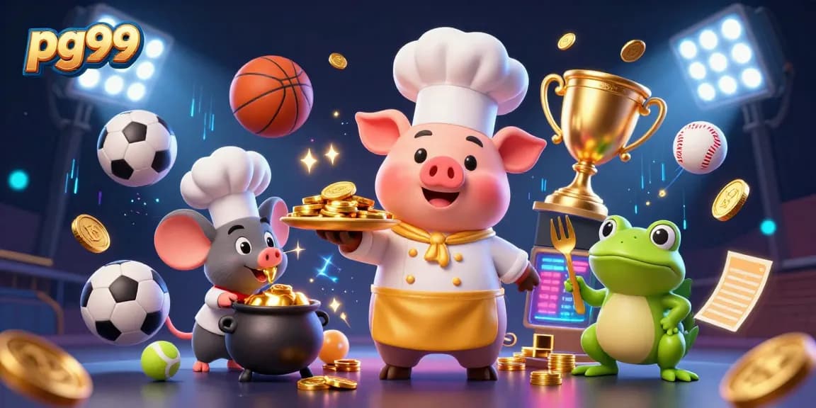 Experience winning moments with pg99 as chef pig serves gold coins in this vibrant casino illustration.