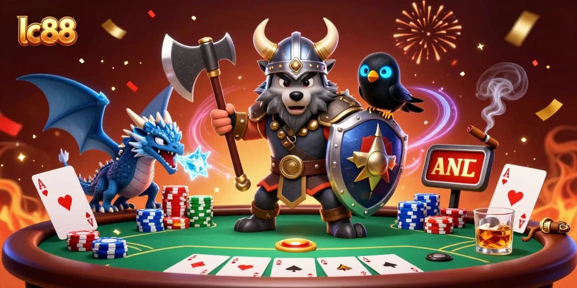 Play with lc88 where a Viking wolf warrior and dragon guard an exciting poker scene filled with vibrant casino elements.