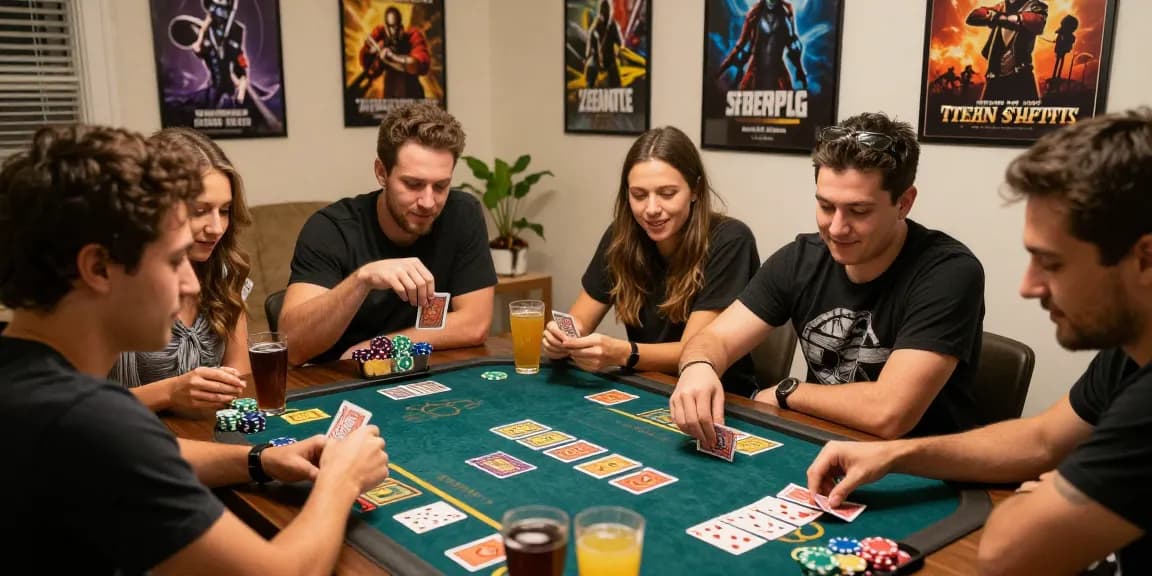 Exciting game night with friends playing Teen Patti Gold card game, colorful cards and chips set in cozy atmosphere.