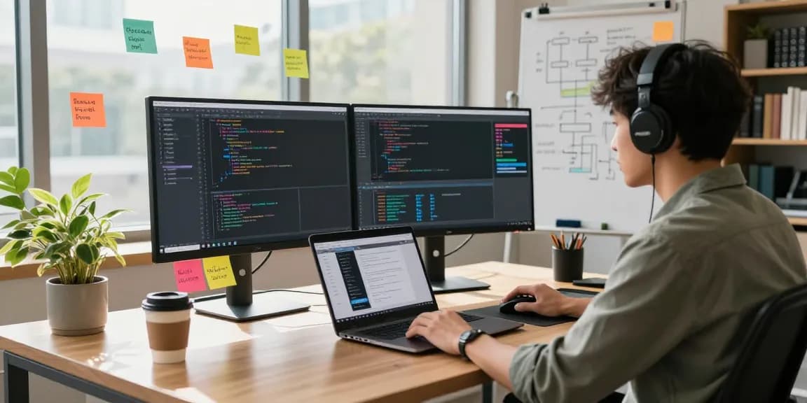 Coding slot optimization in a vibrant tech workspace with dual monitors, coffee, and plants enhancing creativity.