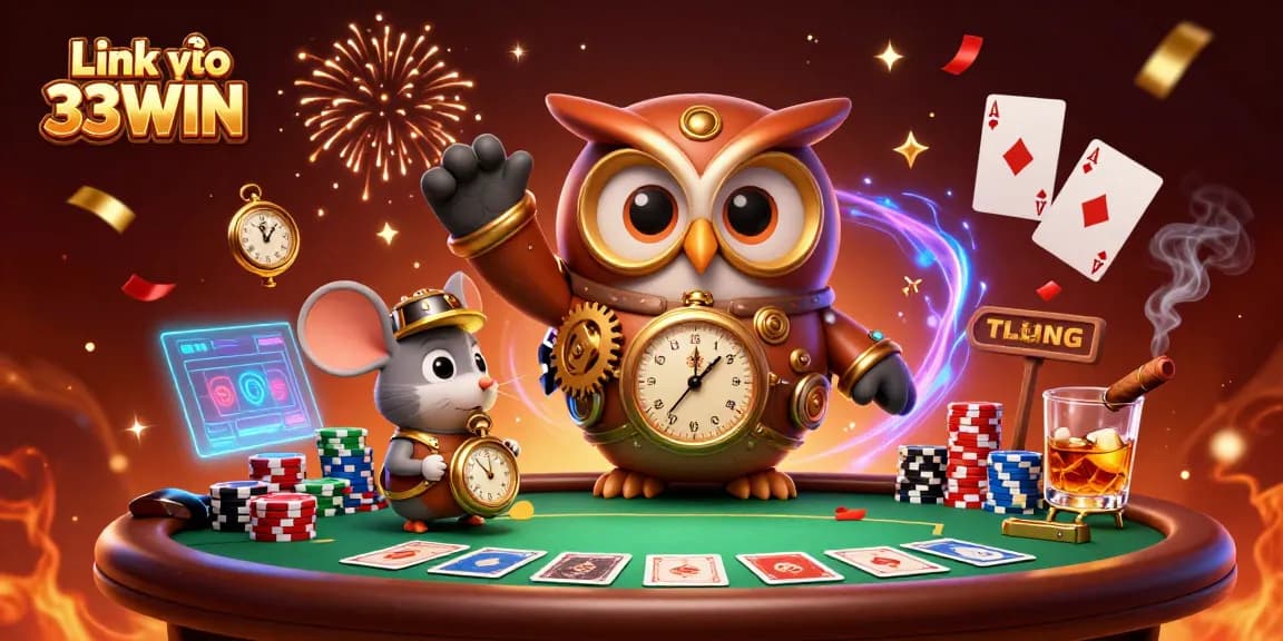 Engage with the vibrant scene of Link vào 33WIN showcasing a steampunk owl and casino elements.