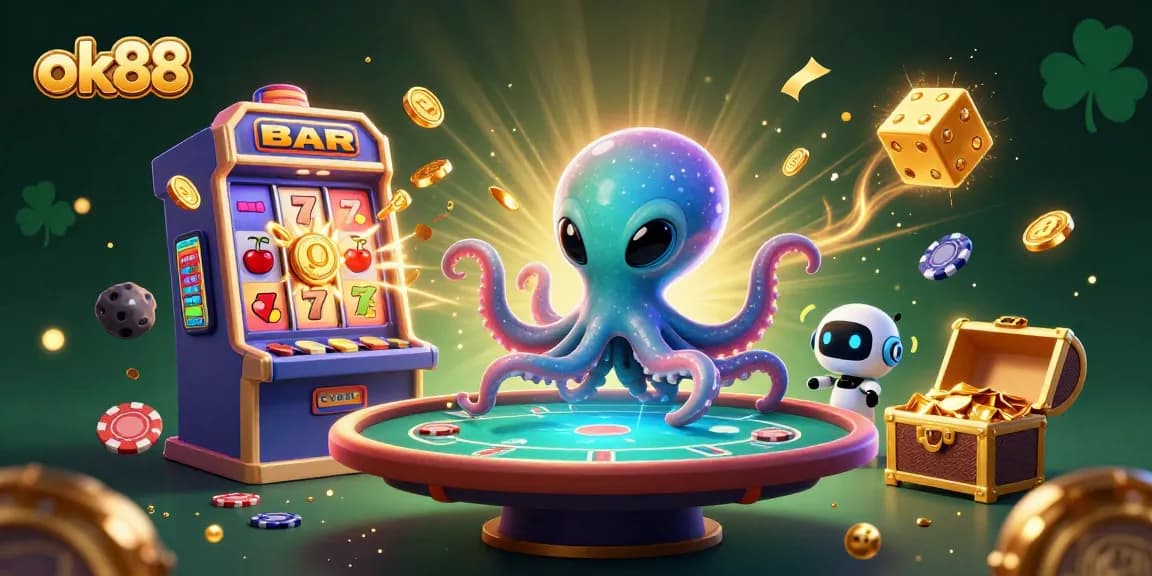 Engage in thrilling poker action with ok88, featuring an alien octopus at a holographic table amidst a casino explosion.