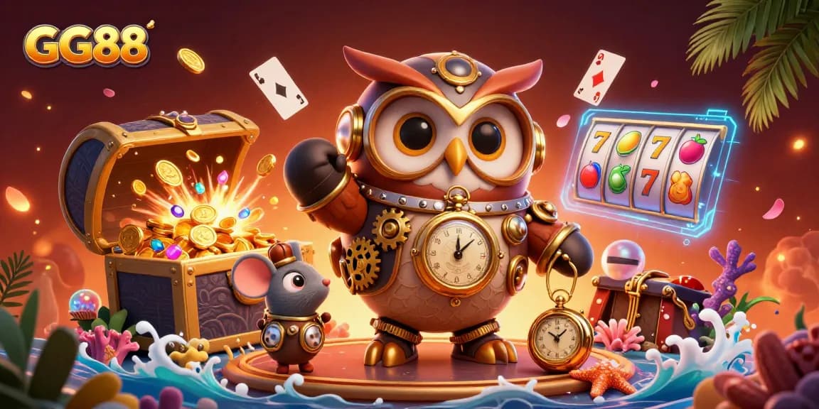 Experience thrilling gameplay with GG88's vibrant 3D illustration featuring casino elements and adventures.