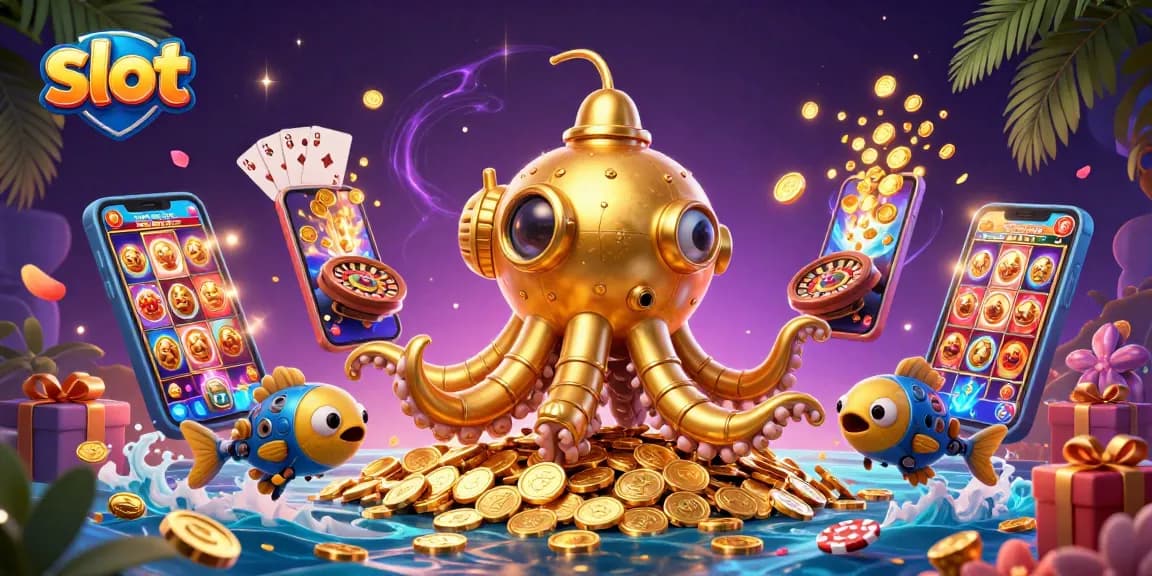 Experience thrilling slot action with a golden kraken submarine amid golden coins and fun game elements.