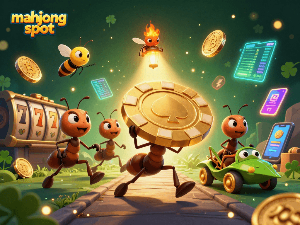 Experience thrilling mahjong slot gameplay with cartoon ants, crypto coins, and vibrant casino elements.