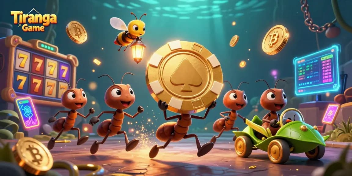 Tiranga Game displays an engaging 3D heist scene with animated ants transporting a giant poker chip.