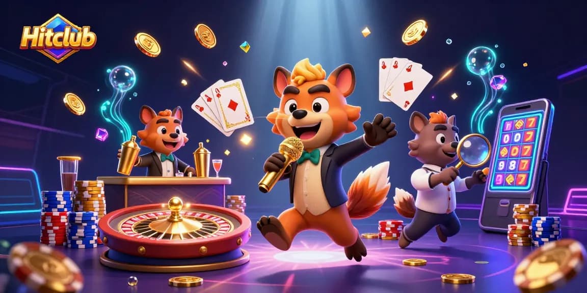 Experience Hitclub's vibrant casino atmosphere with animated hyenas, jackpot reels, and golden coins.