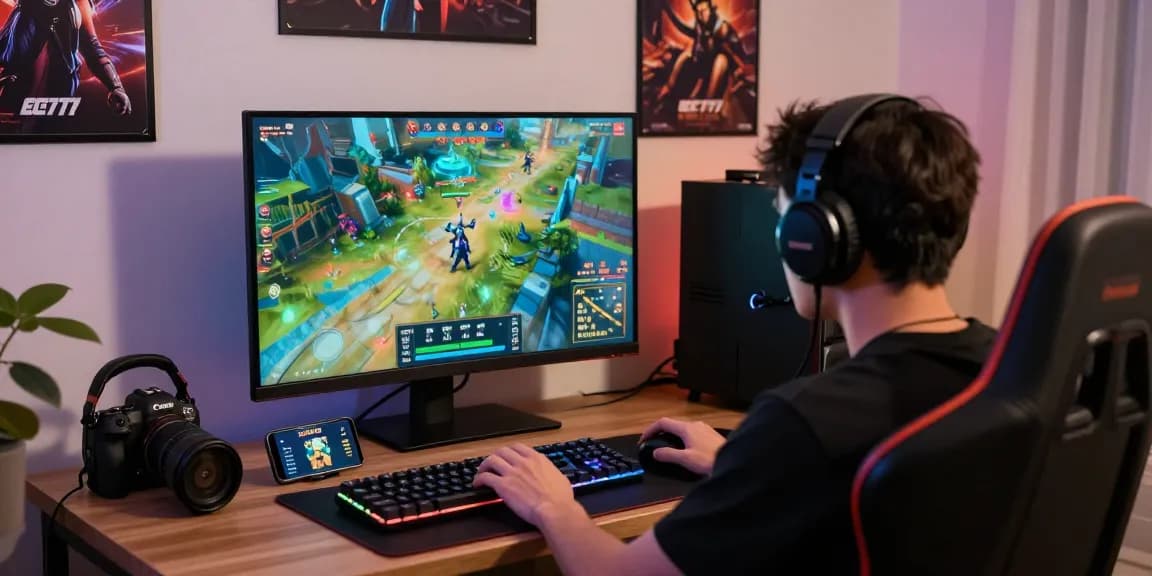 Engaging player enjoying ec777 game on a modern gaming setup in a cozy living room, showcasing vivid graphics and accessories.