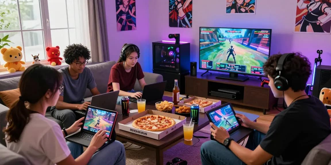 Friends enjoying a hentai game session together in a cozy living room.