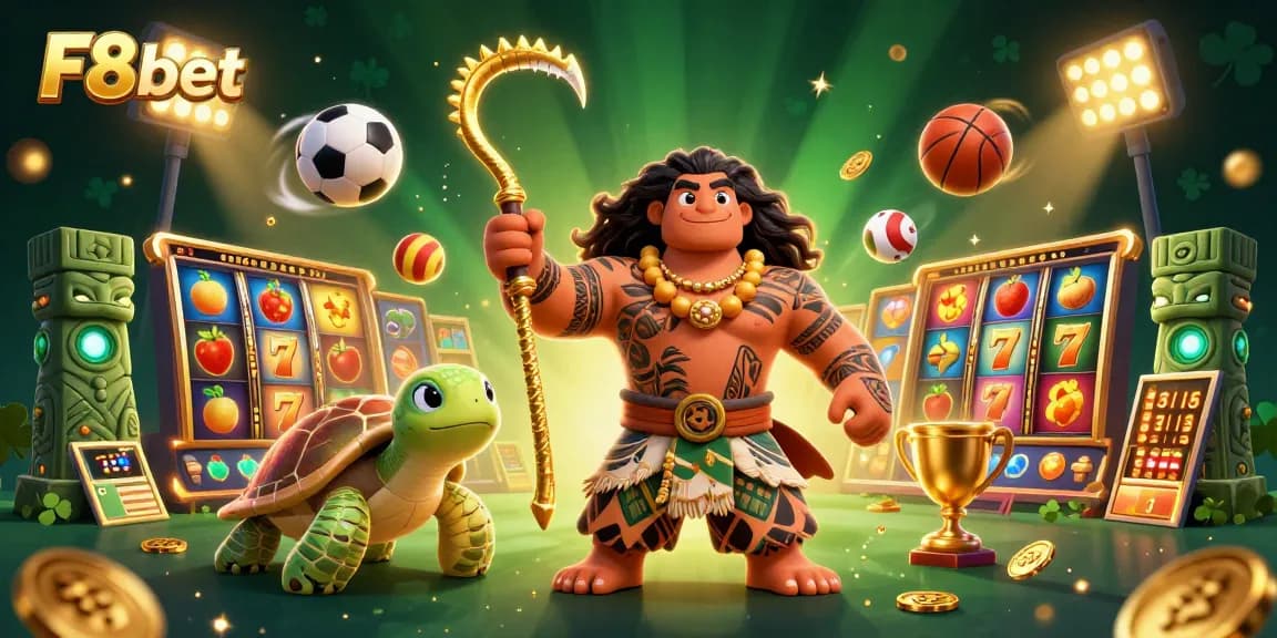 Engage in exciting gaming with F8bet featuring vibrant cartoon elements of slots and sports.