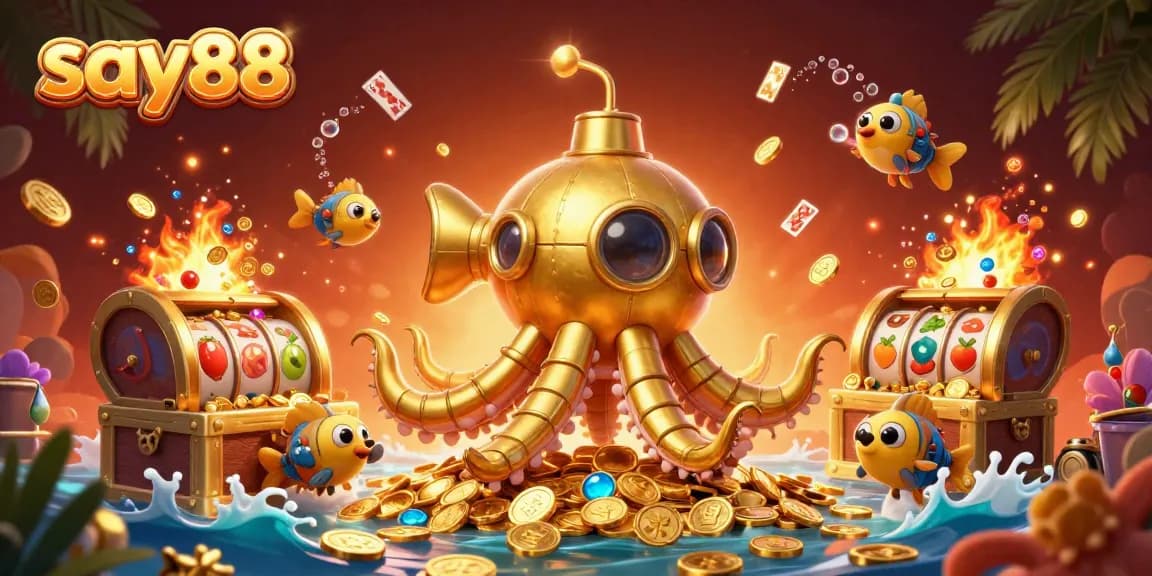 Engage with say88's thrilling casino experience showcased in a vibrant underwater scene with spinning slot reels and gold coins.