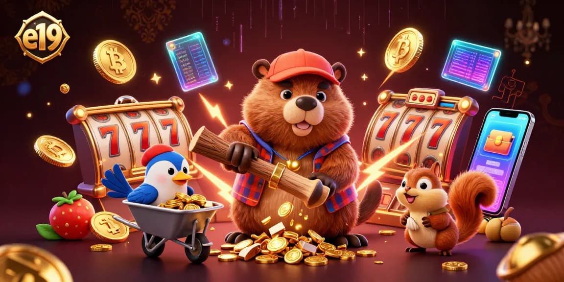 Engage in thrilling gameplay with e19 as the beaver celebrates gold coin wins while chopping trees.