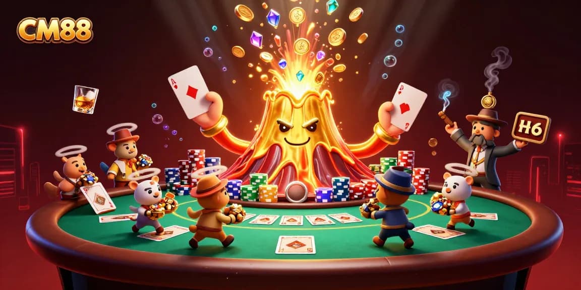 Win big at CM88 with a lively casino scene featuring a golden volcano and poker excitement.