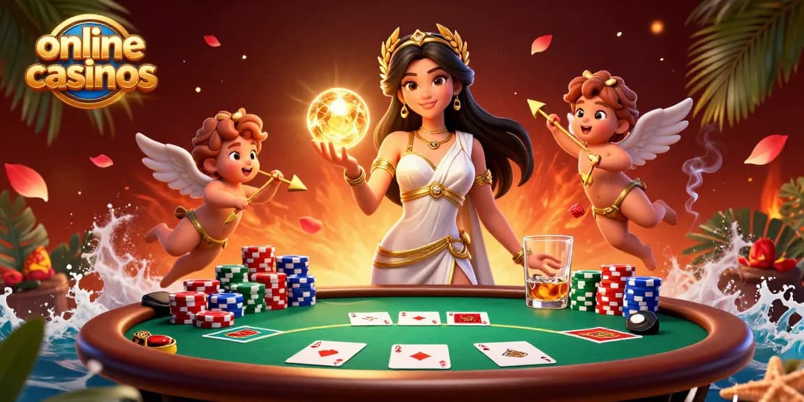 Experience enchanting online casinos with dynamic 3D illustration of a goddess surrounded by poker elements.