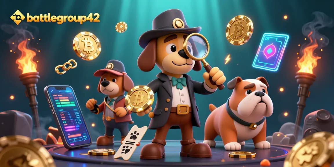 battlegroup42 showcases a cartoon detective and bulldog exploring a casino clue surrounded by vibrant crypto elements.