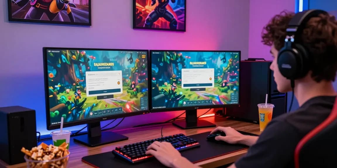 Player immersed in rajakhodam89 login on dual screens with gaming setup.