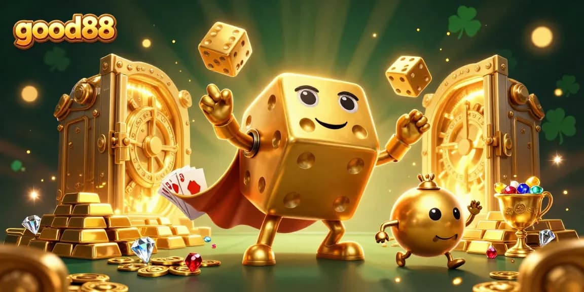 Experience the thrilling excitement of good88 with golden dice and casino treasures in a vibrant casino scene.