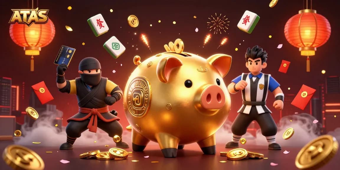 Engage with ATAS in a vibrant 3D casino scene featuring a golden piggy bank sumo wrestler and more.