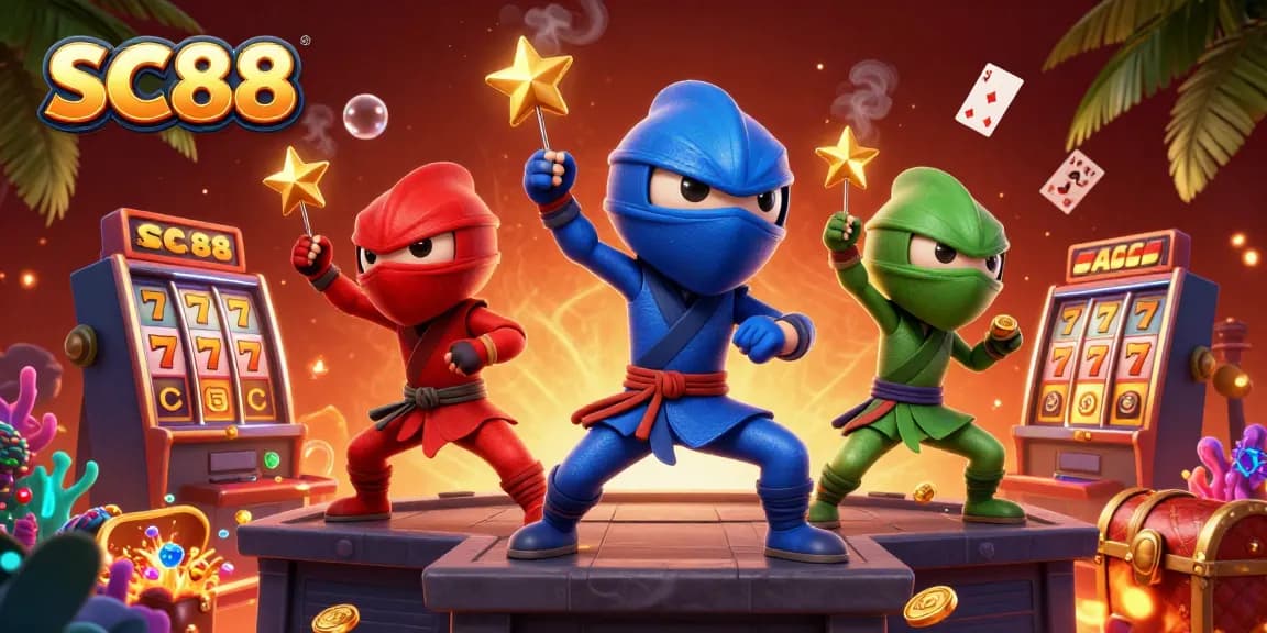 SC88 characters showcase thrilling slots action with gold coins and vibrant casino elements in a detailed 3D scene.