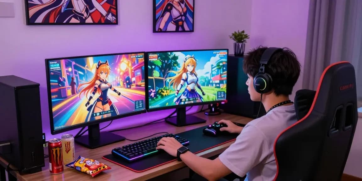 Gamer enjoying hentai games on dual monitors in a colorful room setting.