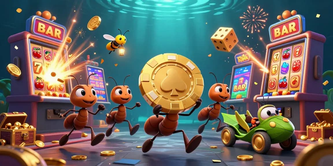 Knittingheretic showcases an exciting casino adventure with playful ants heisting golden poker chips amidst vibrant slots.